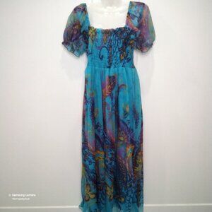 Signature JMB Boho1960s Style Multicolor Balloon Sleeve Smocked Maxi Dress NWT L
